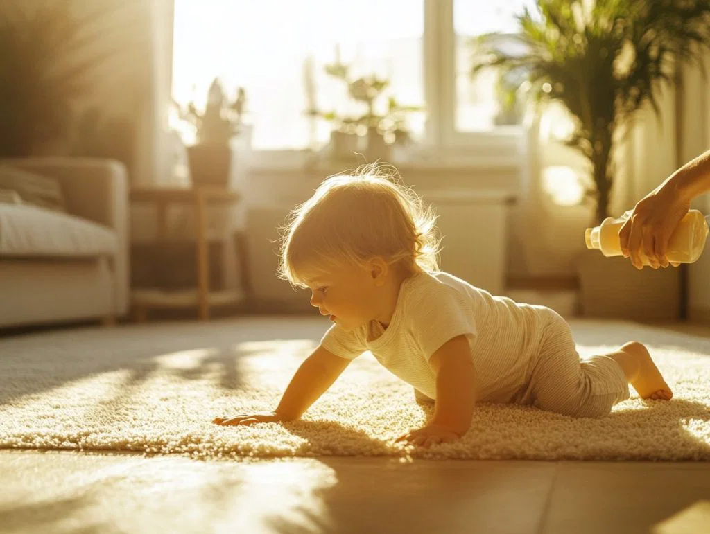 A small child playing on a carpeted floor