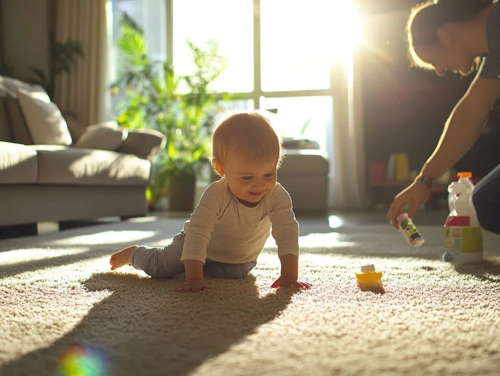 A toddler crawling on white living-room carpet
